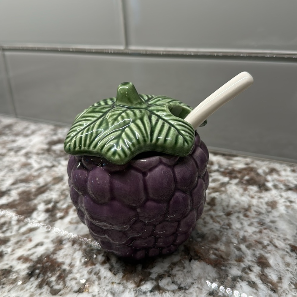 Vintage Majolica Inspired Ceramic Berry Condiment Jam Jar With Spoon
